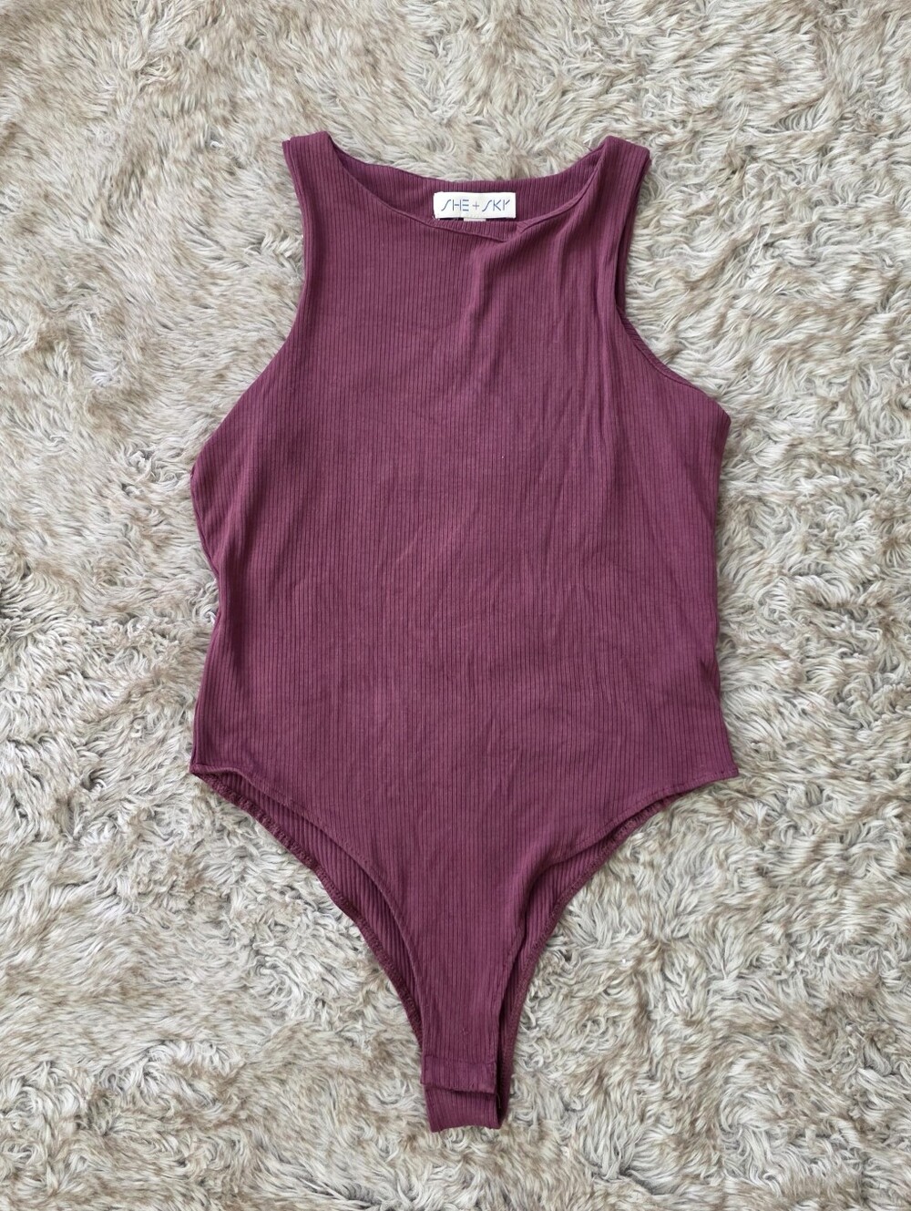 She + Sky Ribbed Burgundy/Mauve Tank One-Piece Bodysuit Women's Size Medium